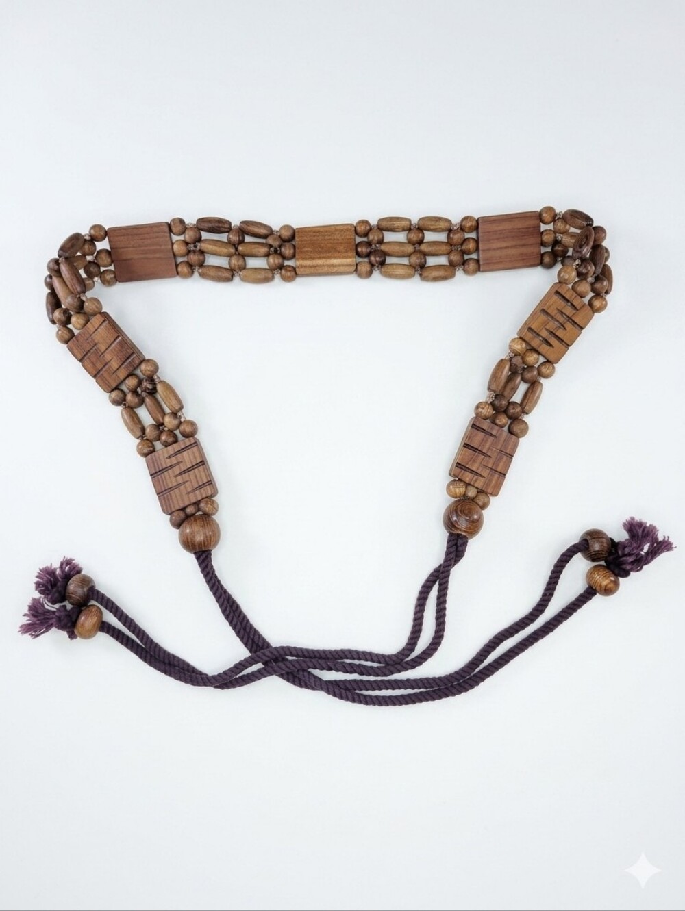 Carved Geometric Wood Bead Tie Belt Women 28 Inch Brown Tassels Boho Festival